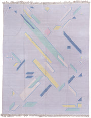 9' x 11' one-of-a-kind handmade vintage Dhurrie large size rug. Color palette: lavender, aqua, pale yellow, sky blue, blush