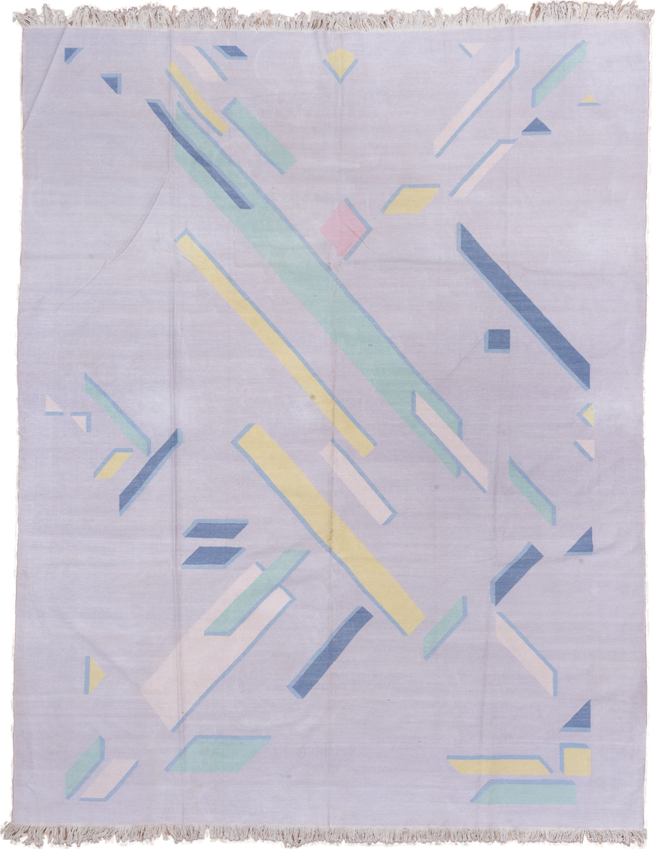 9' x 11' one-of-a-kind handmade vintage Dhurrie large size rug. Color palette: lavender, aqua, pale yellow, sky blue, blush