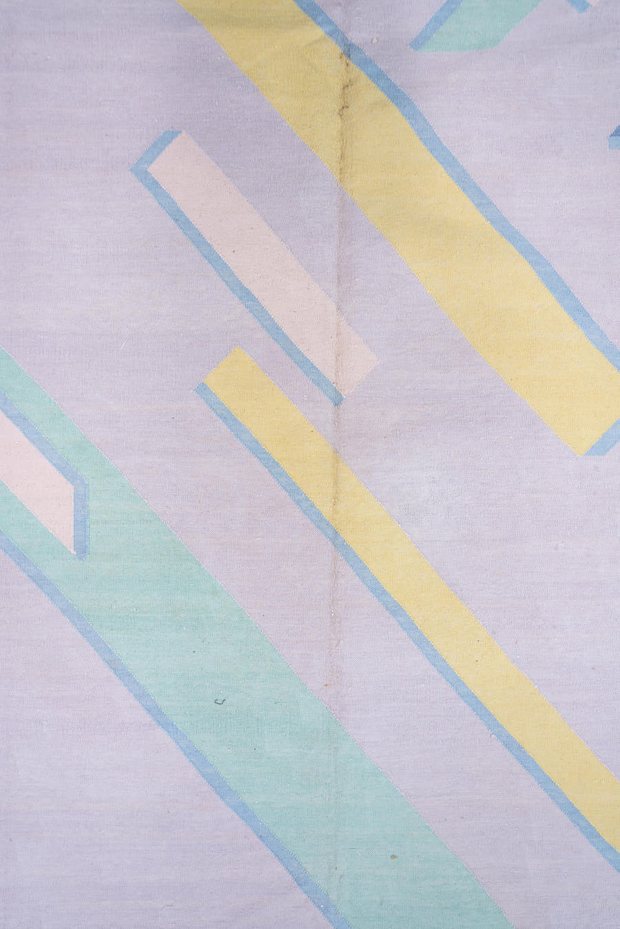 9' x 11' one-of-a-kind handmade vintage Dhurrie large size rug. Color palette: lavender, aqua, pale yellow, sky blue, blush
