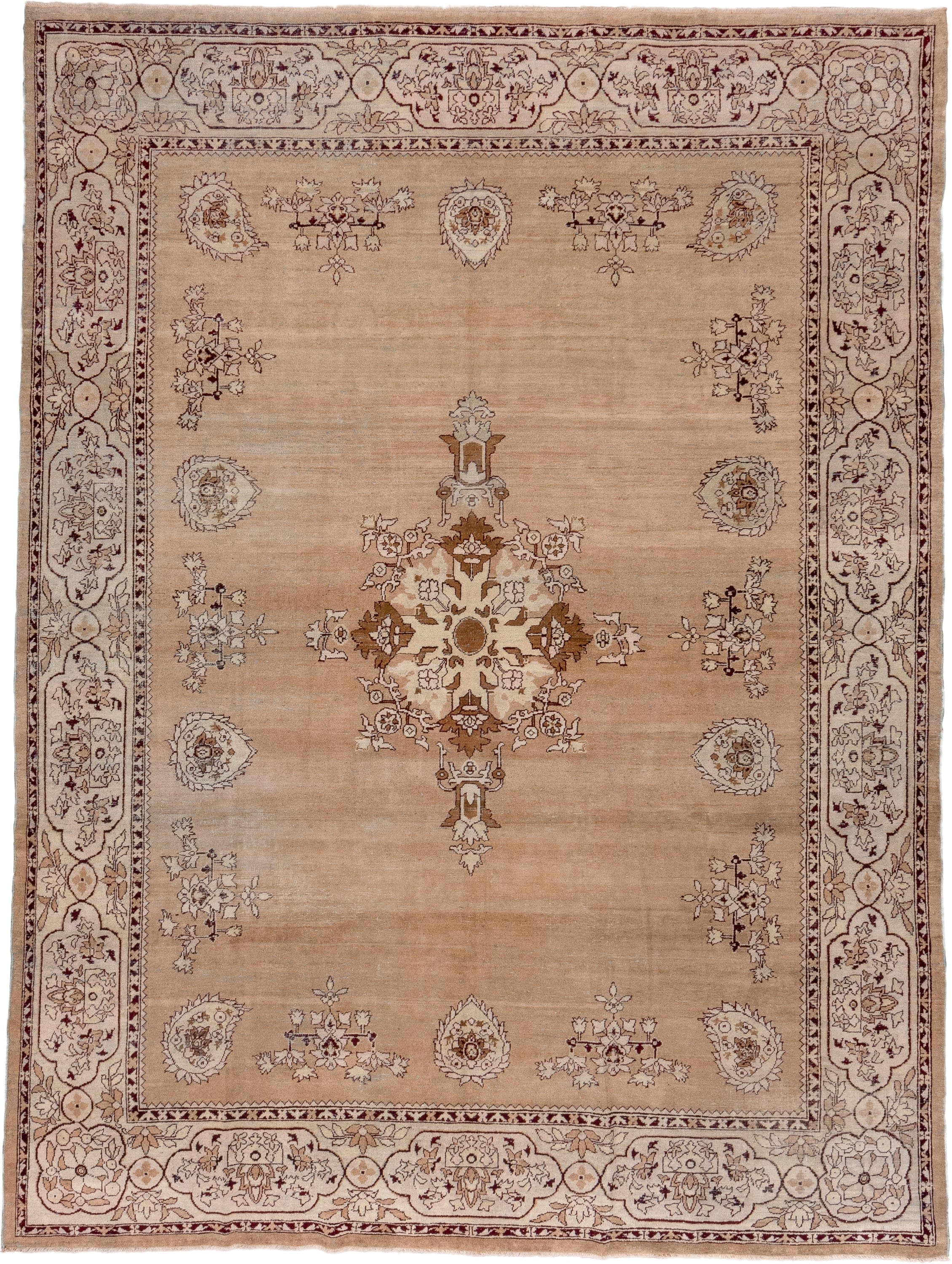 8' x 11' one-of-a-kind handmade antique Amritzar large size rug. Color palette: camel, ivory, taupe, brown, rust, burgundy