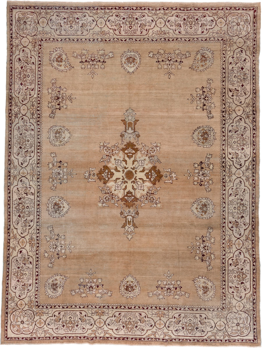 8' x 11' one-of-a-kind handmade antique Amritzar large size rug. Color palette: camel, ivory, taupe, brown, rust, burgundy