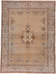 8' x 11' one-of-a-kind handmade antique Amritzar large size rug. Color palette: camel, ivory, taupe, brown, rust, burgundy