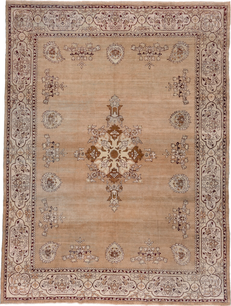8' x 11' one-of-a-kind handmade vintage Amritzar large size rug. Color palette: brown, gray, off-white, orange, redwood