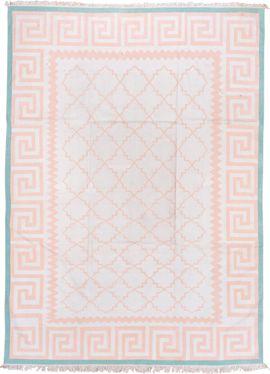 8' x 11' one-of-a-kind handmade vintage Dhurrie large size rug. Color palette: ivory, blush, aqua, pink, teal