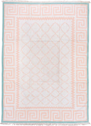 8' x 11' one-of-a-kind handmade vintage Dhurrie large size rug. Color palette: ivory, blush, aqua, pink, teal