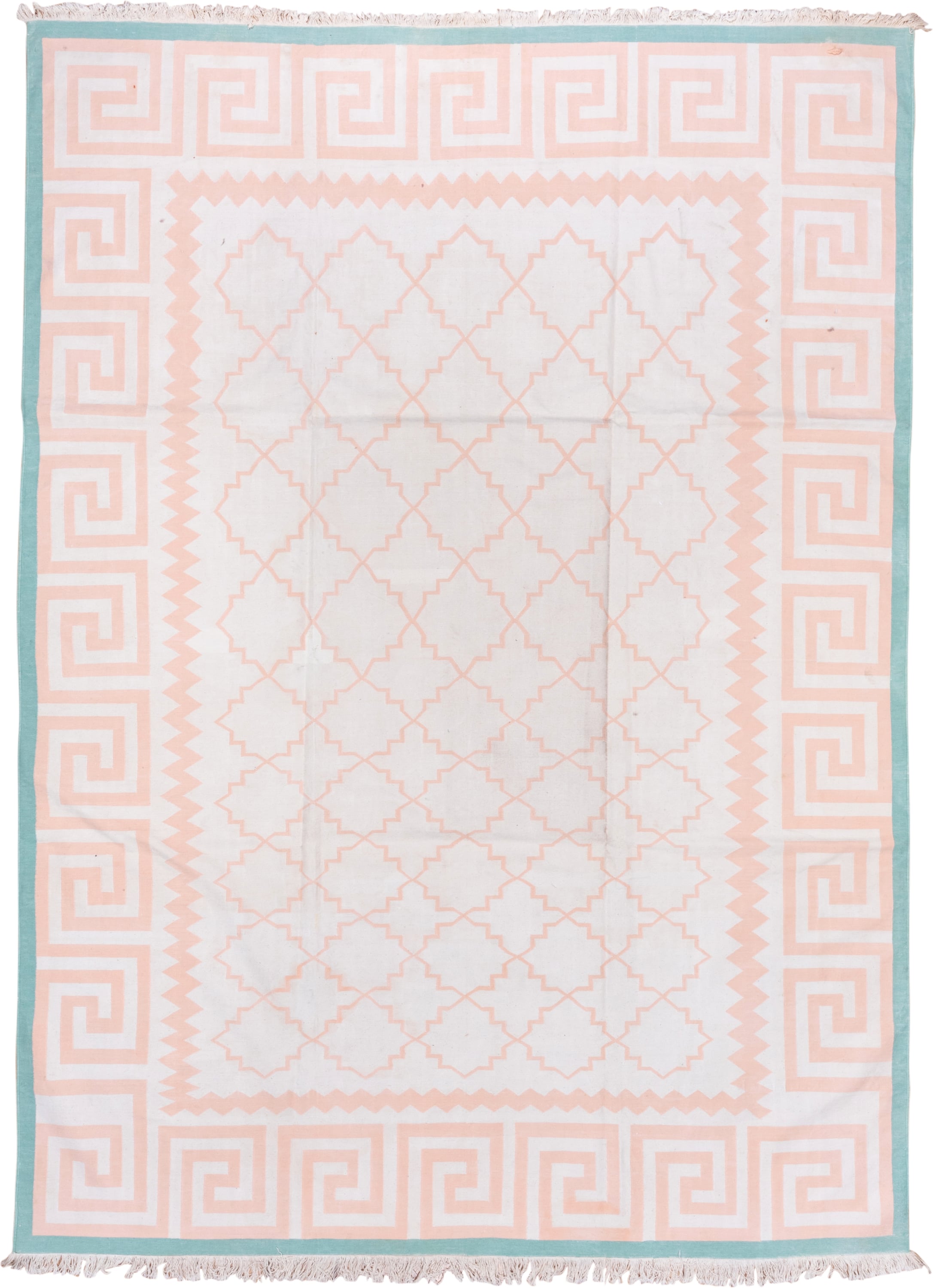 8' x 11' one-of-a-kind handmade vintage Dhurrie large size rug. Color palette: ivory, blush, aqua, pink, teal