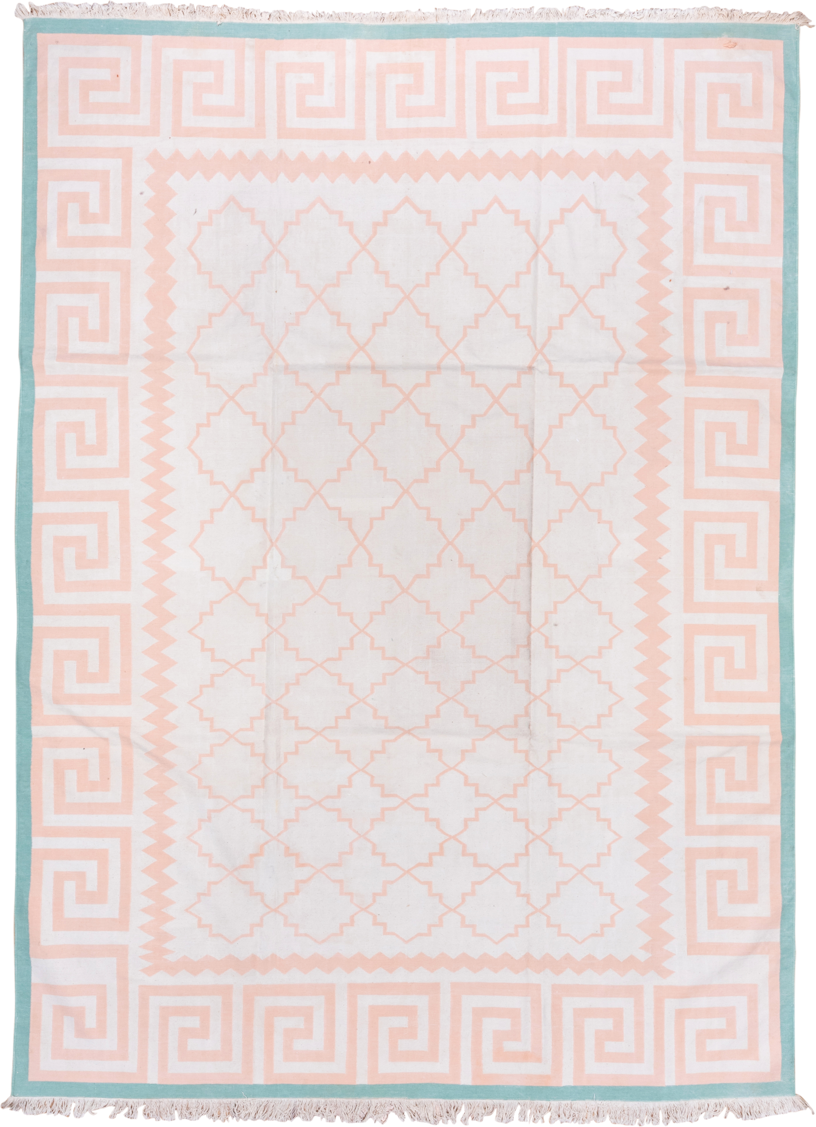 8' x 11' one-of-a-kind handmade vintage Dhurrie large size rug. Color palette: ivory, blush, aqua, pink, teal