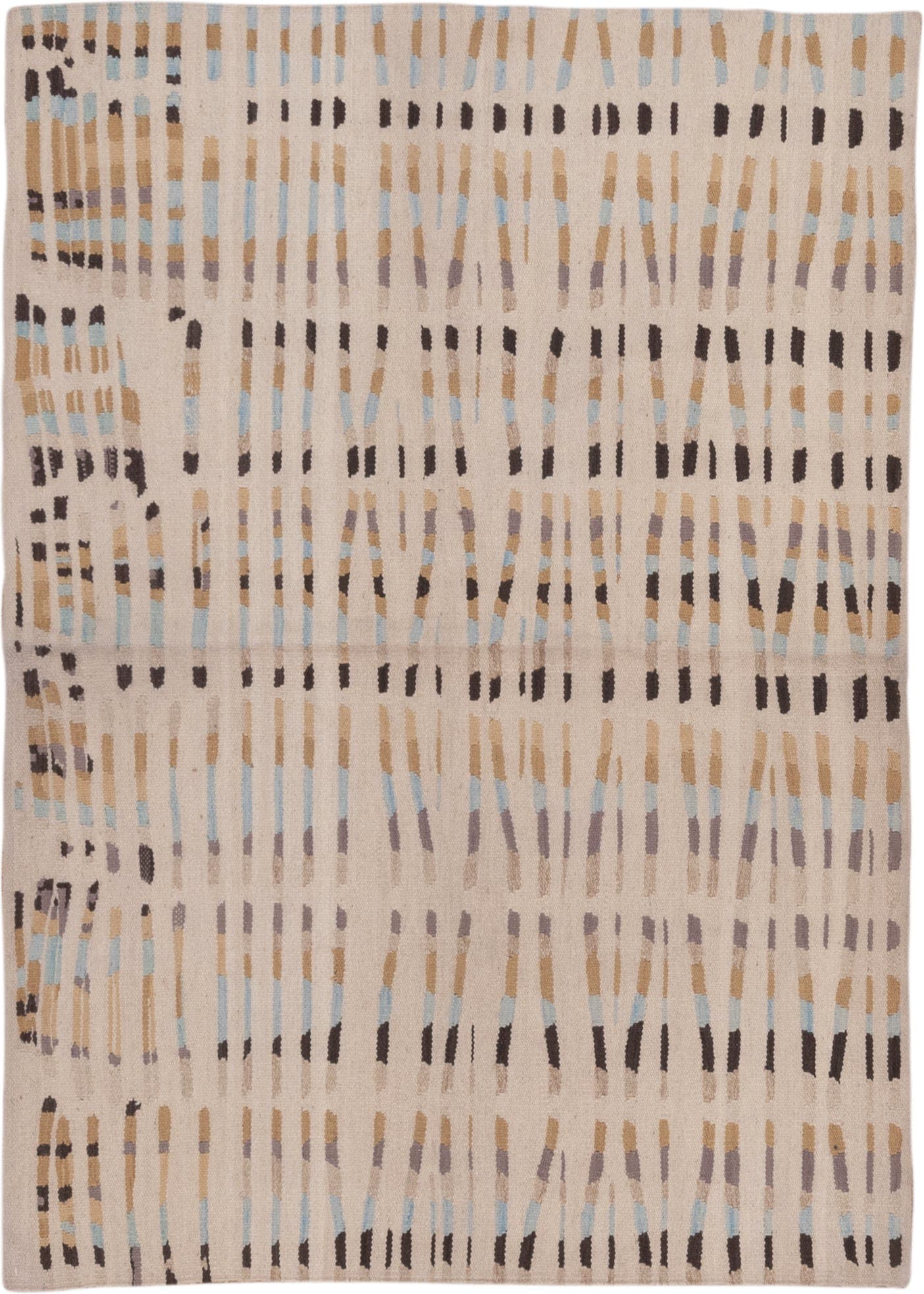 4' x 6' one-of-a-kind handmade vintage Kilim small size rug. Color palette: ivory, camel, taupe, charcoal, pale_blue, greige