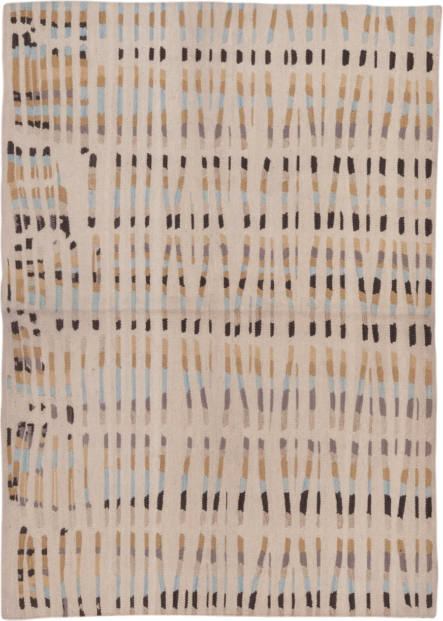 4' x 6' one-of-a-kind handmade vintage Kilim small size rug. Color palette: ivory, camel, taupe, charcoal, pale_blue, greige