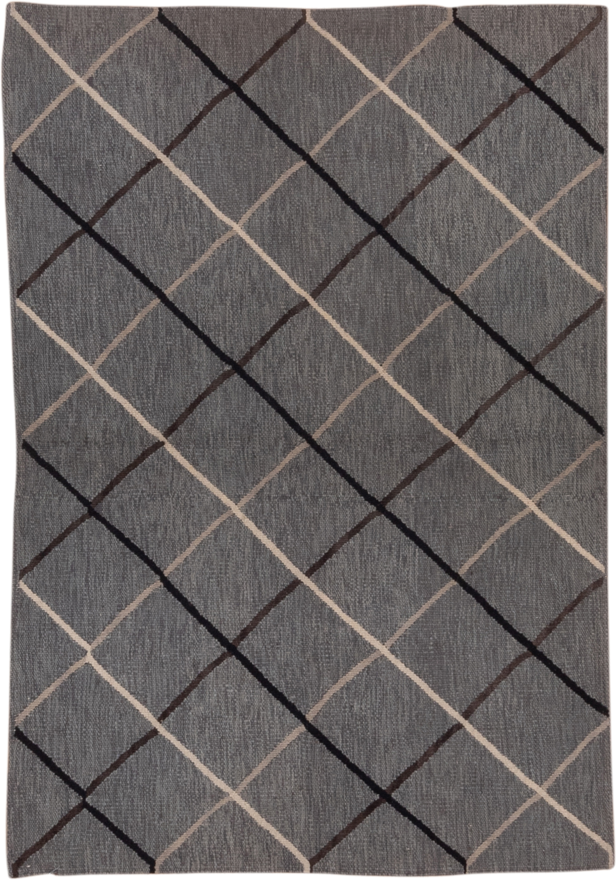 3' x 5' one-of-a-kind handmade vintage Kilim small size rug. Color palette: gray, charcoal, ivory, brown, black