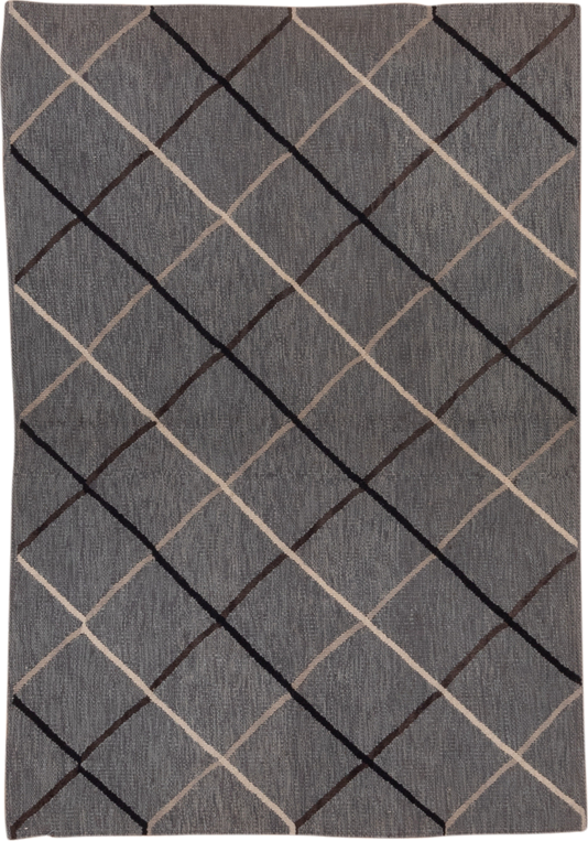 3' x 5' one-of-a-kind handmade vintage Kilim small size rug. Color palette: gray, charcoal, ivory, brown, black