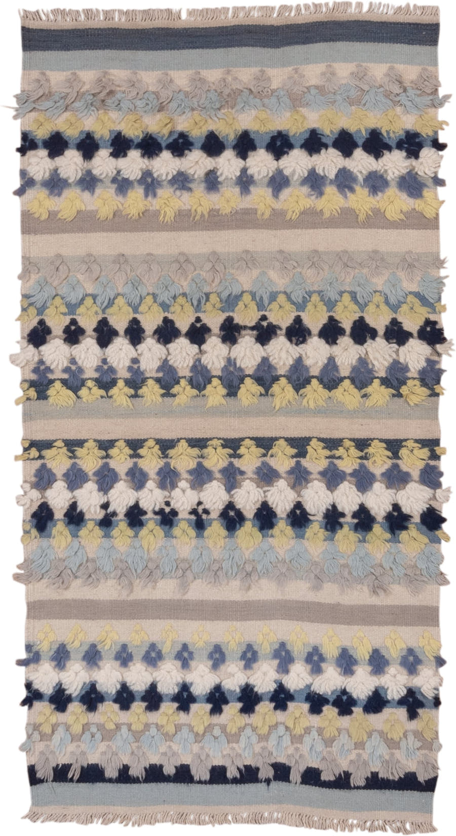3' x 6' one-of-a-kind handmade vintage Tulu small size rug. Color palette: ivory, pale blue, taupe, navy, butter yellow