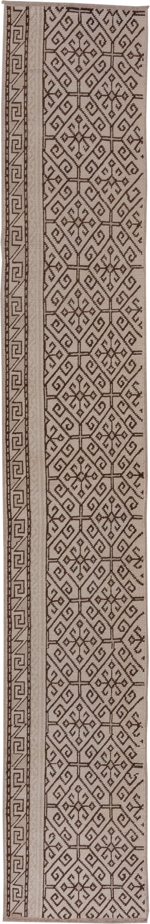 2' x 12' one-of-a-kind handmade vintage Konya runner rug. Color palette: ivory, brown, taupe, beige, gray