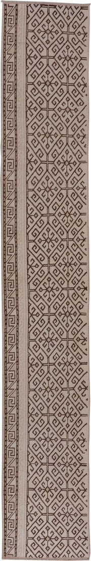 2' x 12' one-of-a-kind handmade vintage Konya runner rug. Color palette: ivory, brown, taupe, beige, gray