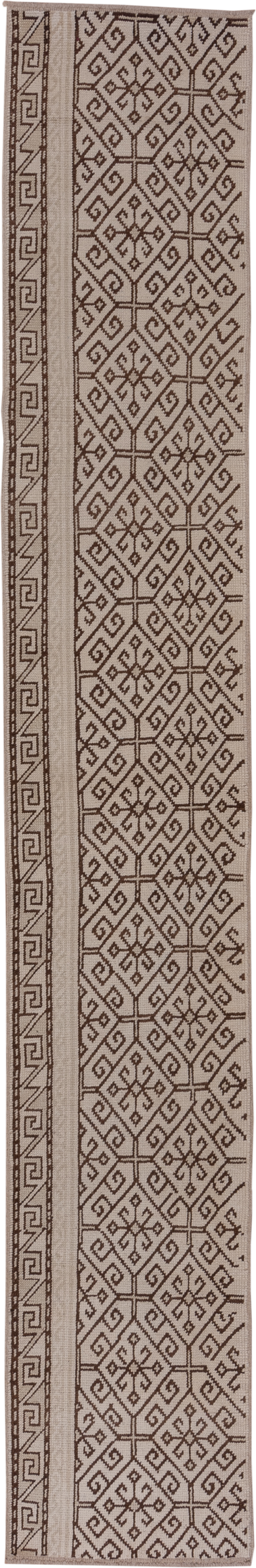 2' x 12' one-of-a-kind handmade vintage Konya runner rug. Color palette: ivory, brown, taupe, beige, gray