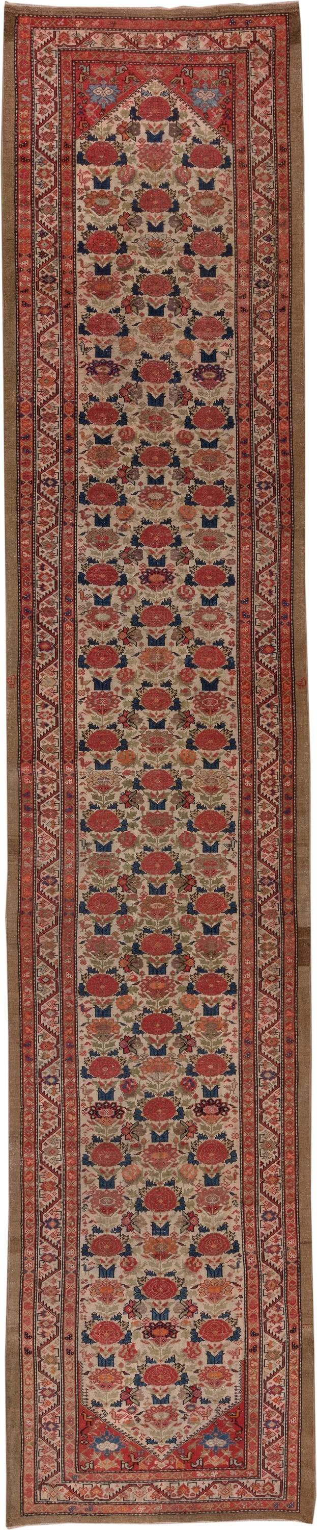 3' x 17' one-of-a-kind handmade antique Malayer runner rug. Color palette: ivory, rust, red, indigo, camel, blue, taupe