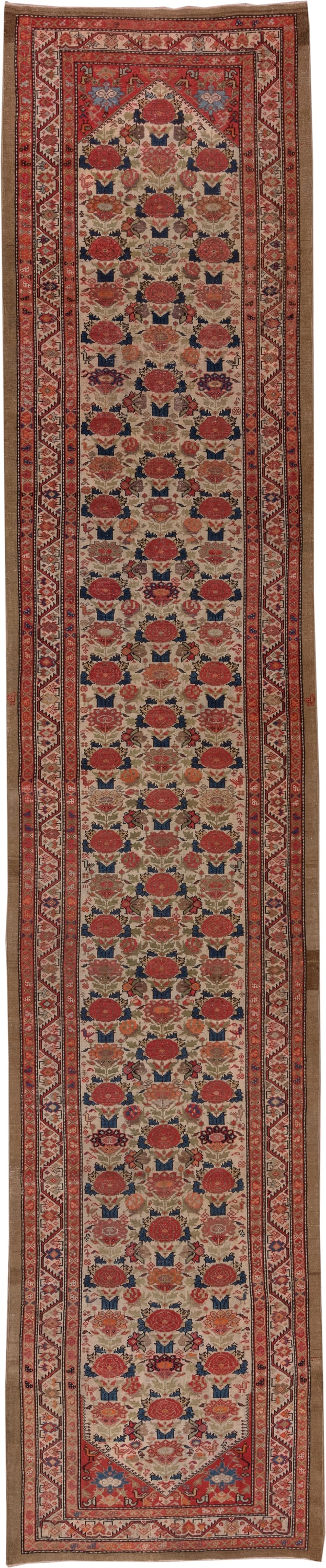 3' x 17' one-of-a-kind handmade antique Malayer runner rug. Color palette: ivory, rust, red, indigo, camel, blue, taupe