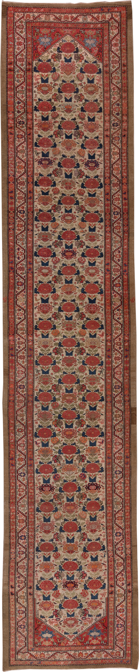 3' x 17' one-of-a-kind handmade antique Malayer runner rug. Color palette: ivory, rust, red, indigo, camel, blue, taupe
