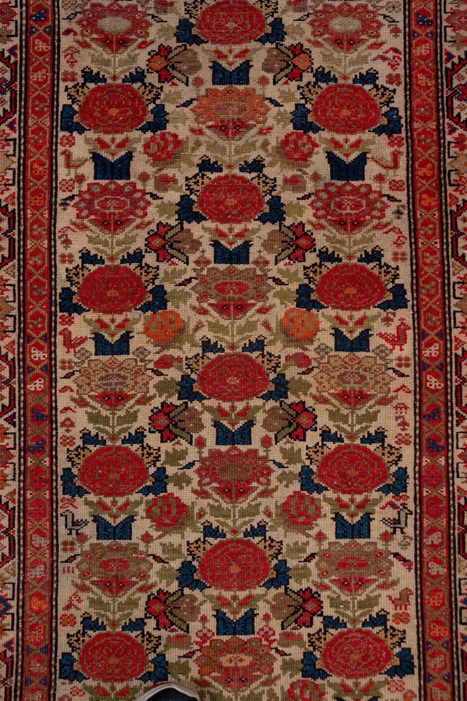 3' x 17' one-of-a-kind handmade antique Malayer runner rug. Color palette: ivory, rust, red, indigo, camel, blue, taupe