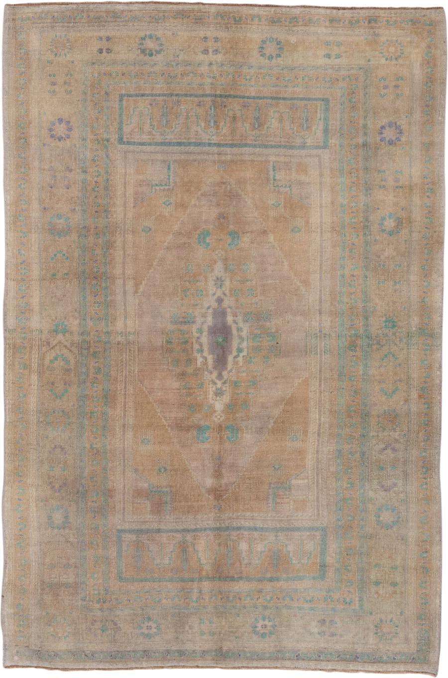 5' x 8' one-of-a-kind handmade antique Oushak medium size rug. Color palette: beige, taupe, aqua, ivory, lavender, sand