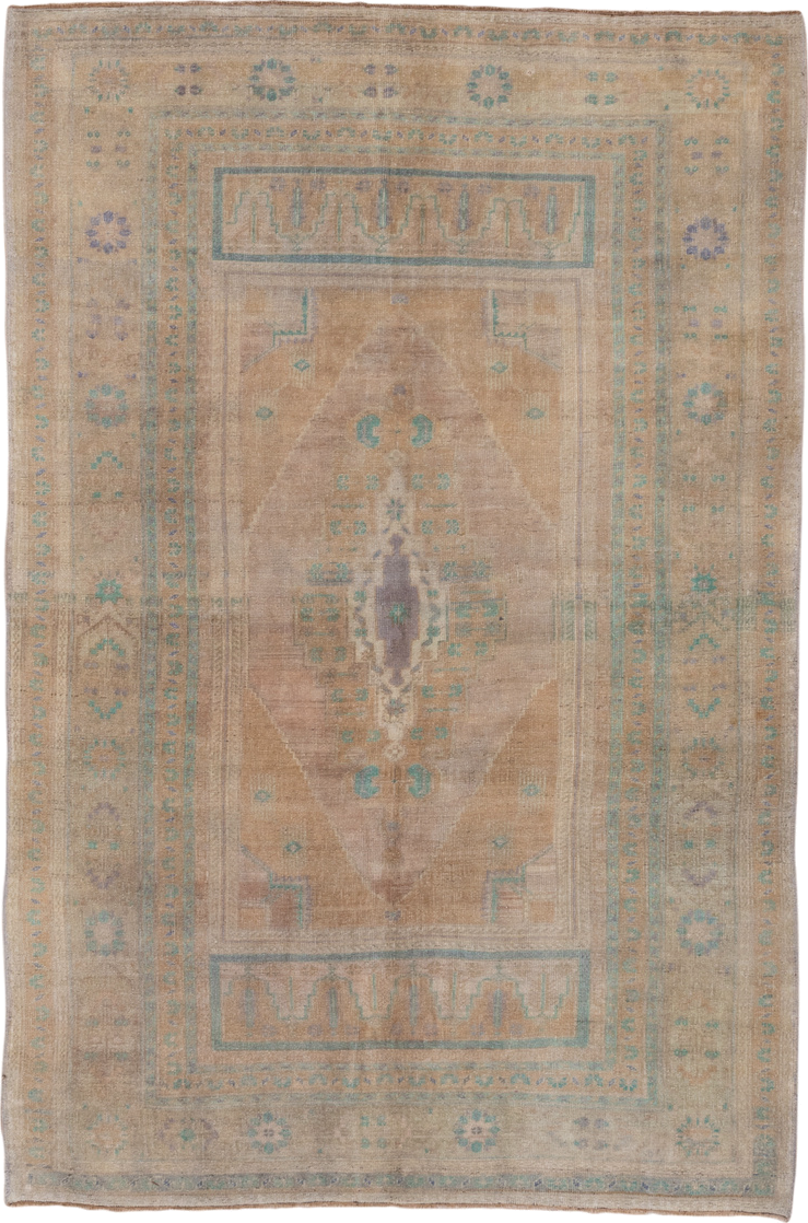 5' x 8' one-of-a-kind handmade antique Oushak medium size rug. Color palette: beige, taupe, aqua, ivory, lavender, sand