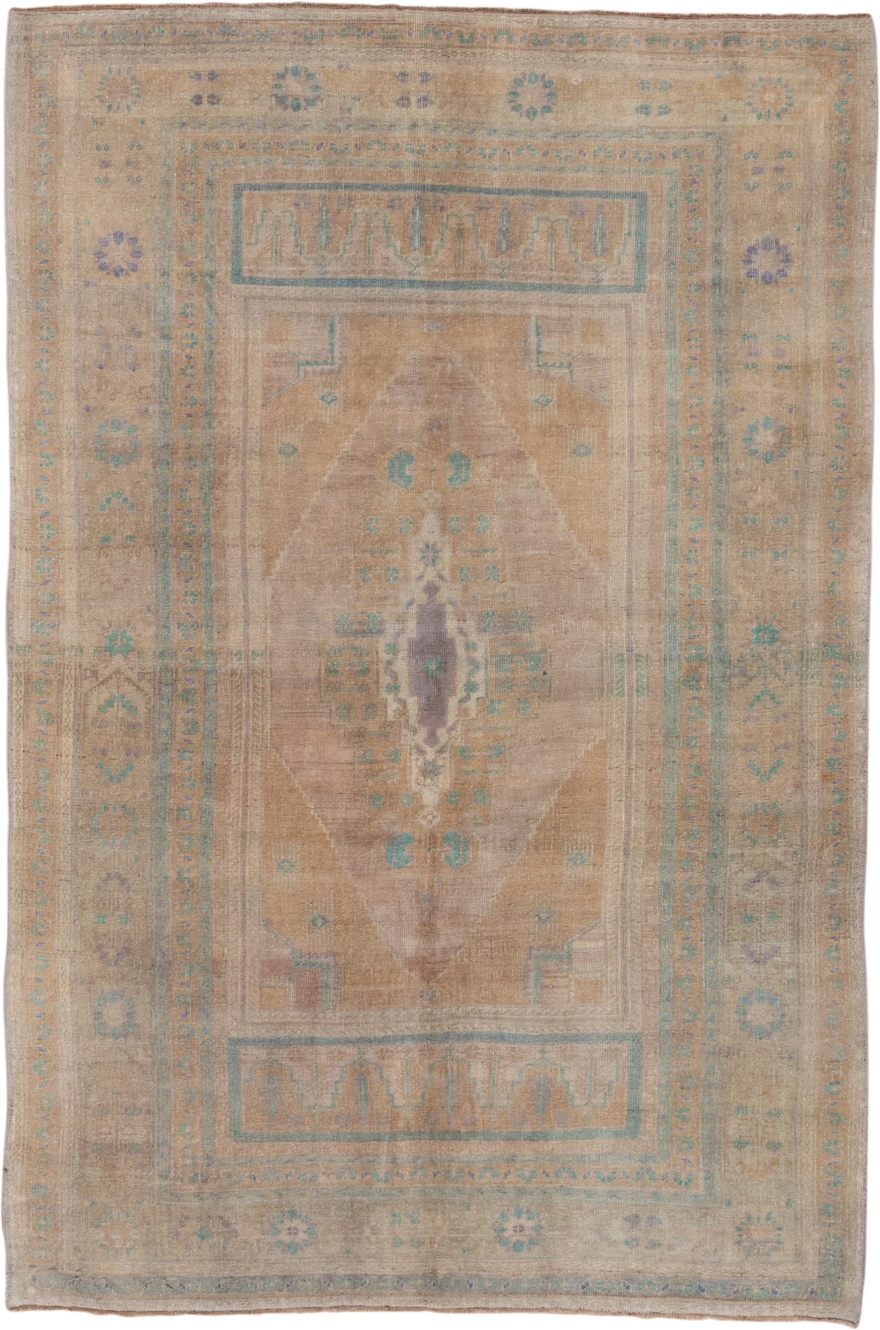 5' x 8' one-of-a-kind handmade antique Oushak medium size rug. Color palette: beige, taupe, aqua, ivory, lavender, sand