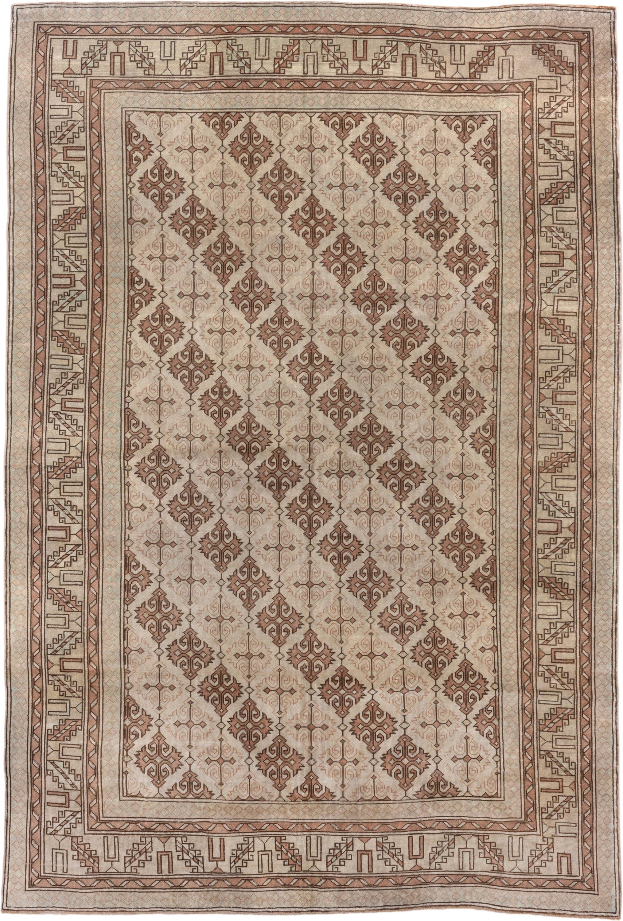 6' x 9' one-of-a-kind handmade antique Oushak medium size rug. Color palette: ivory, taupe, terra cotta, beige, camel, brown