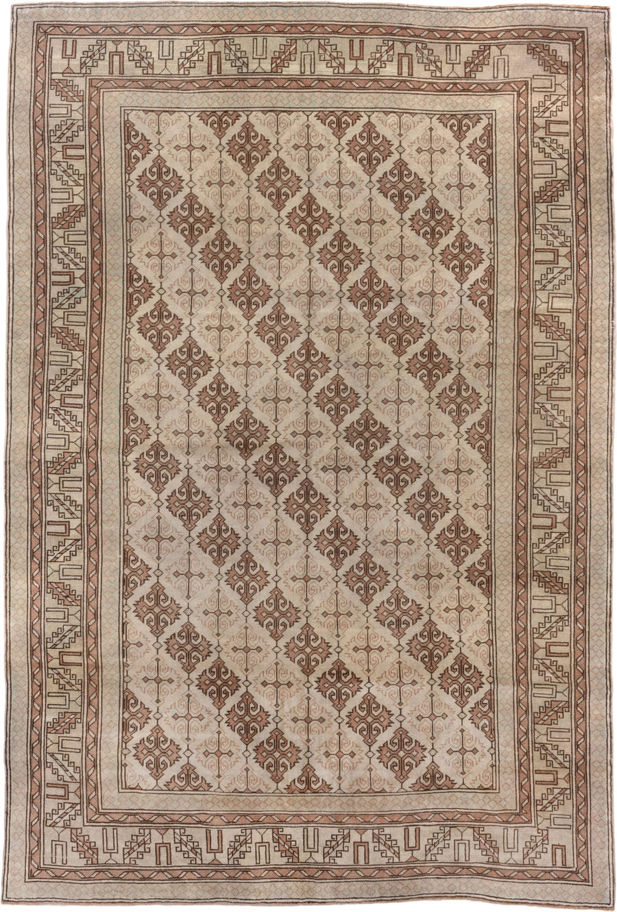 6' x 9' one-of-a-kind handmade antique Oushak medium size rug. Color palette: ivory, taupe, terra cotta, beige, camel, brown
