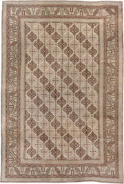 6' x 9' one-of-a-kind handmade antique Oushak medium size rug. Color palette: ivory, taupe, terra cotta, beige, camel, brown
