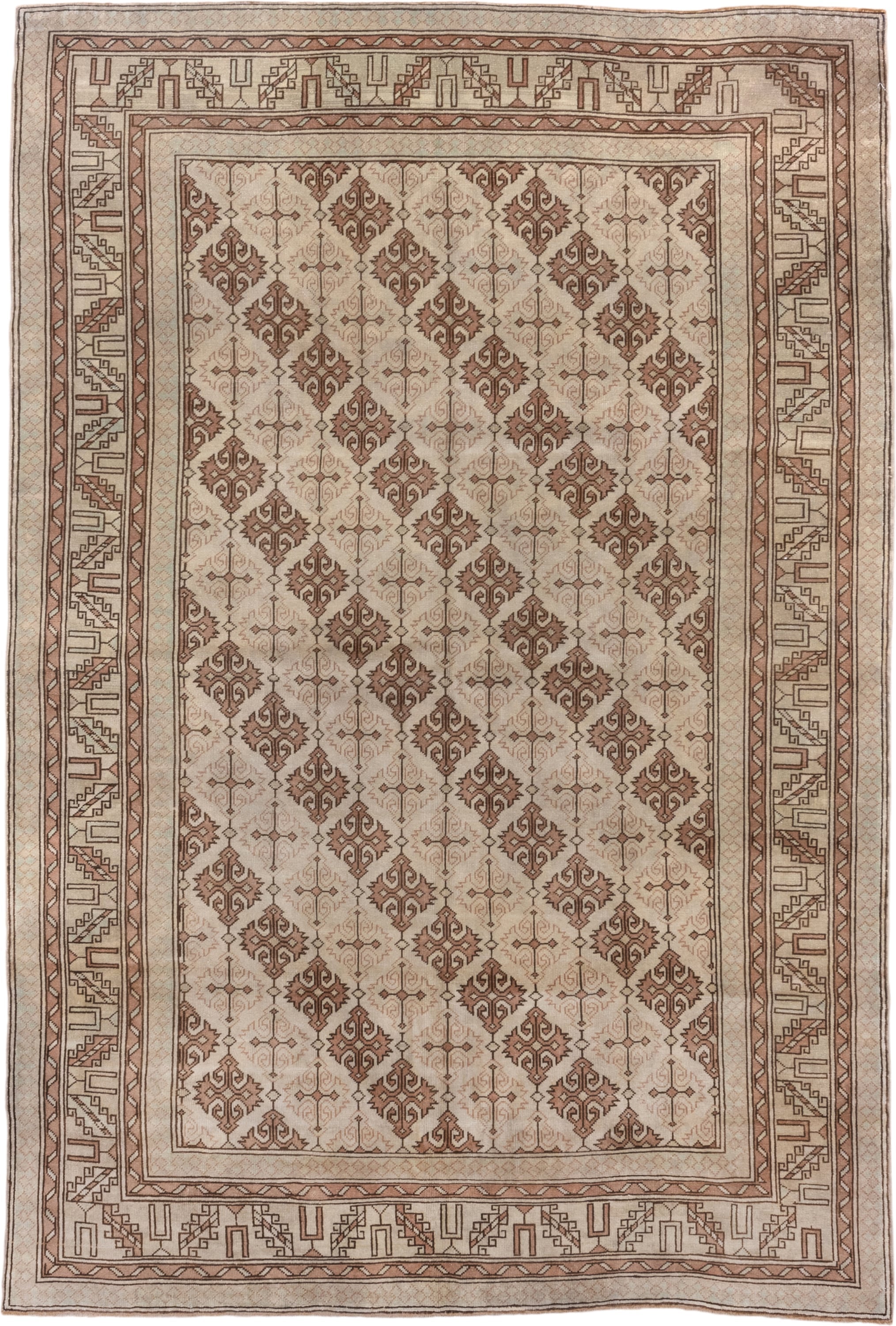 6' x 9' one-of-a-kind handmade antique Oushak medium size rug. Color palette: ivory, taupe, terra cotta, beige, camel, brown