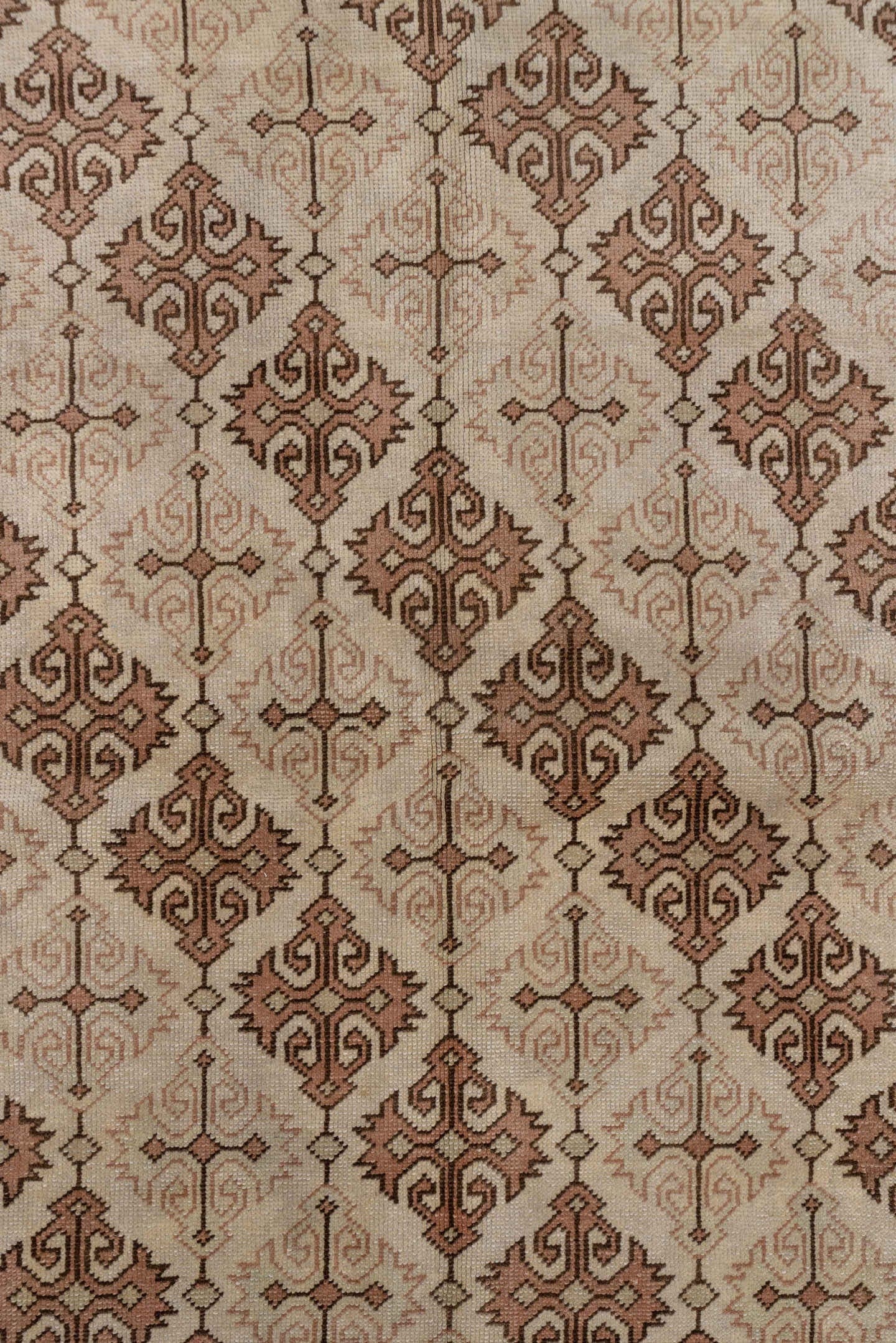 6' x 9' one-of-a-kind handmade antique Oushak medium size rug. Color palette: ivory, taupe, terra cotta, beige, camel, brown