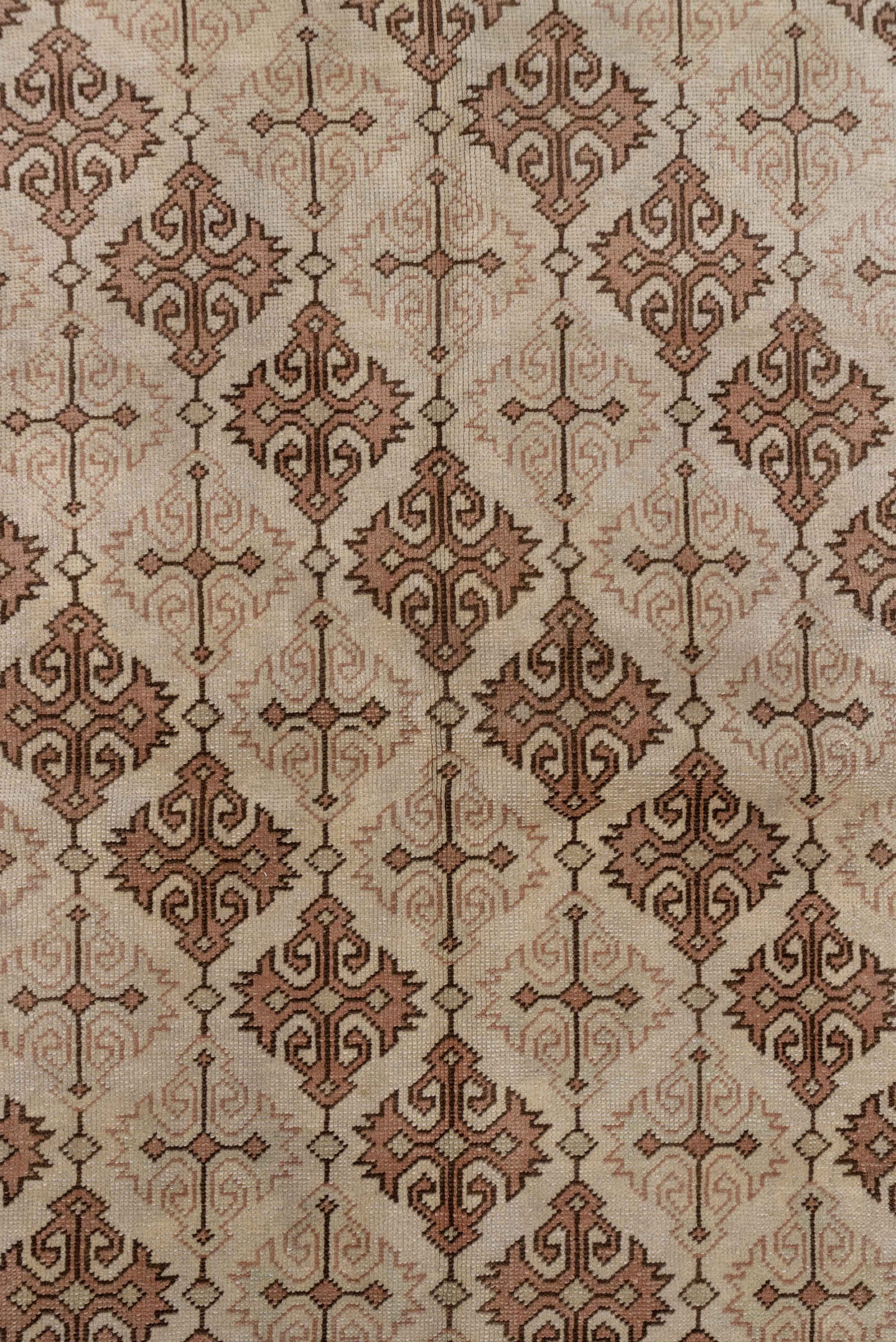6' x 9' one-of-a-kind handmade antique Oushak medium size rug. Color palette: ivory, taupe, terra cotta, beige, camel, brown