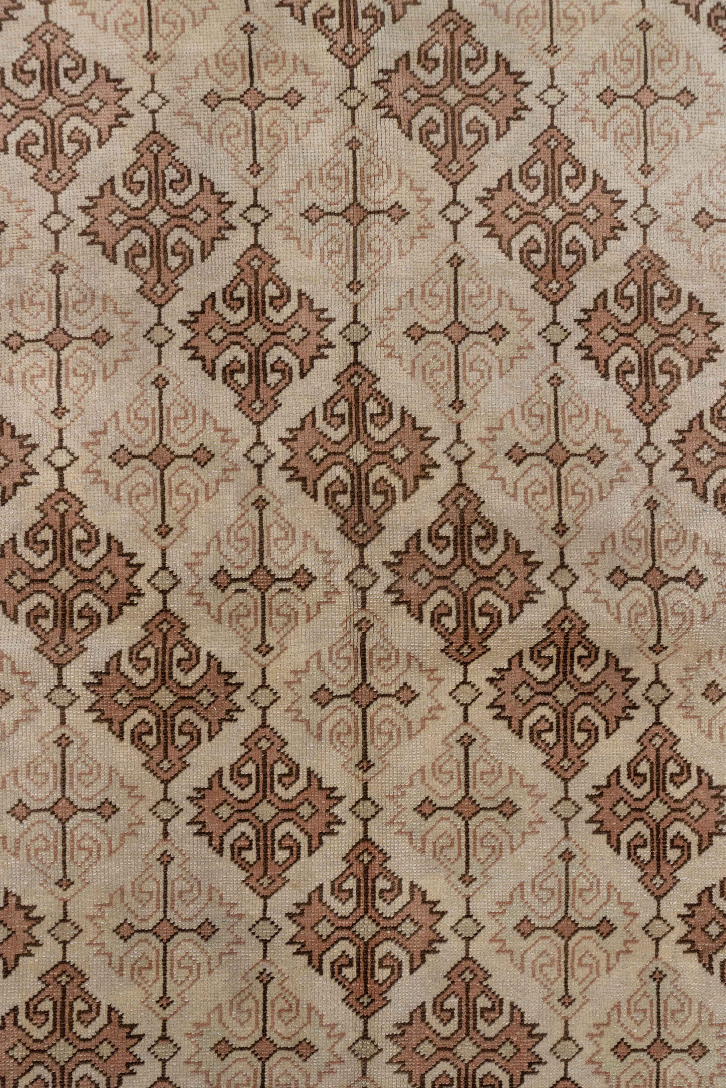 6' x 9' one-of-a-kind handmade antique Oushak medium size rug. Color palette: ivory, taupe, terra cotta, beige, camel, brown