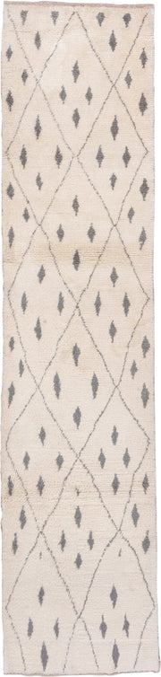 3' x 13' one-of-a-kind handmade vintage Moroccan runner rug. Color palette: ivory, charcoal, cream, taupe, gray, black