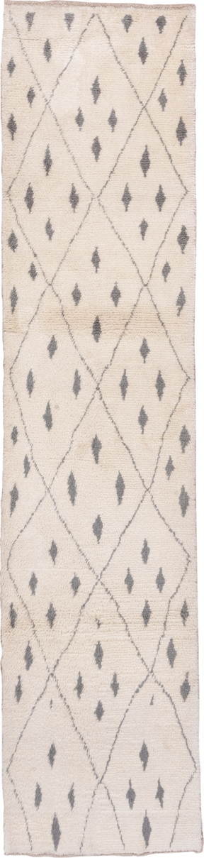 3' x 13' one-of-a-kind handmade vintage Moroccan runner rug. Color palette: ivory, charcoal, cream, taupe, gray, black