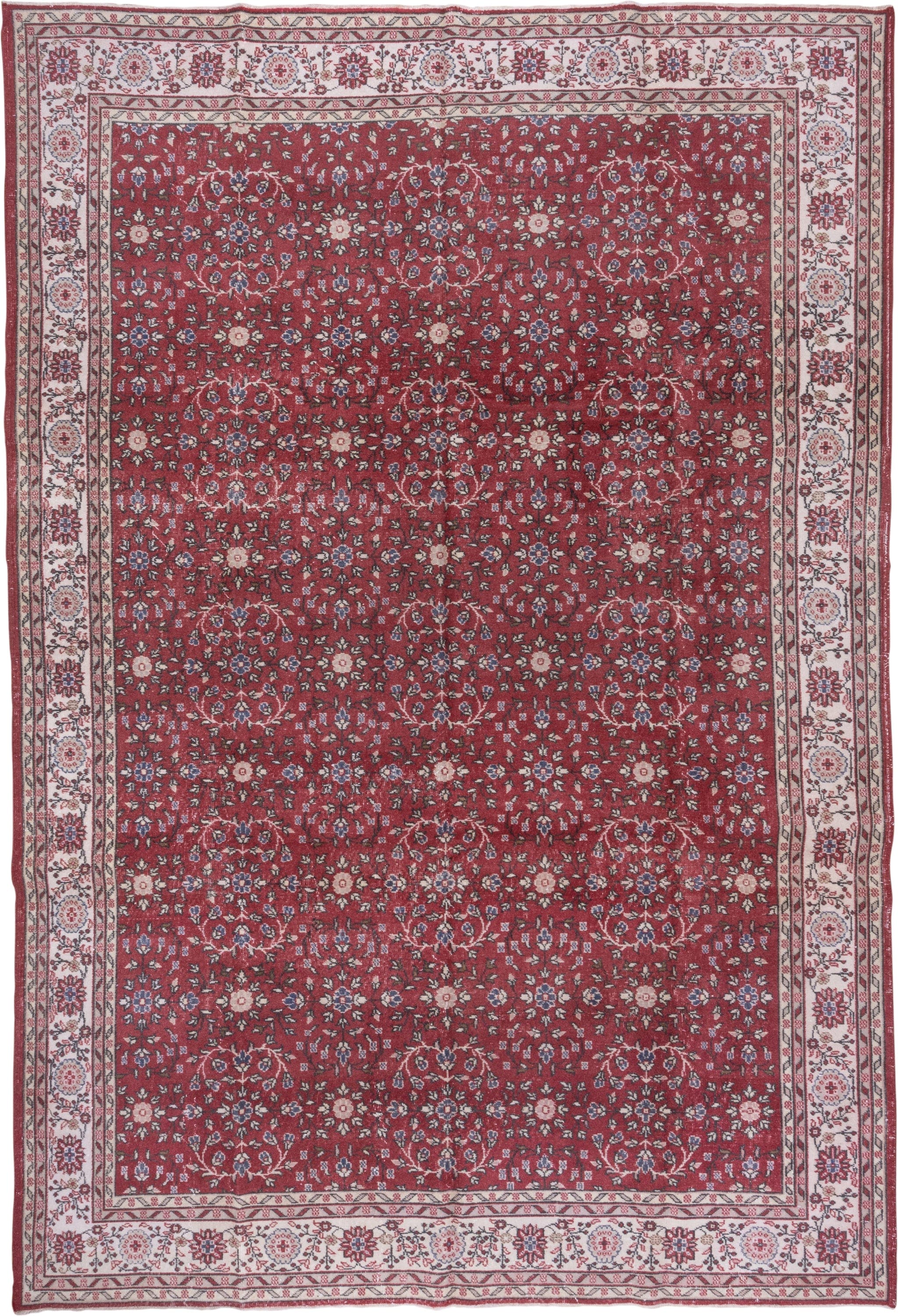 9' x 13' one-of-a-kind handmade antique Sparta large size rug. Color palette: red, ivory, rose, navy, slate, burgundy, pink