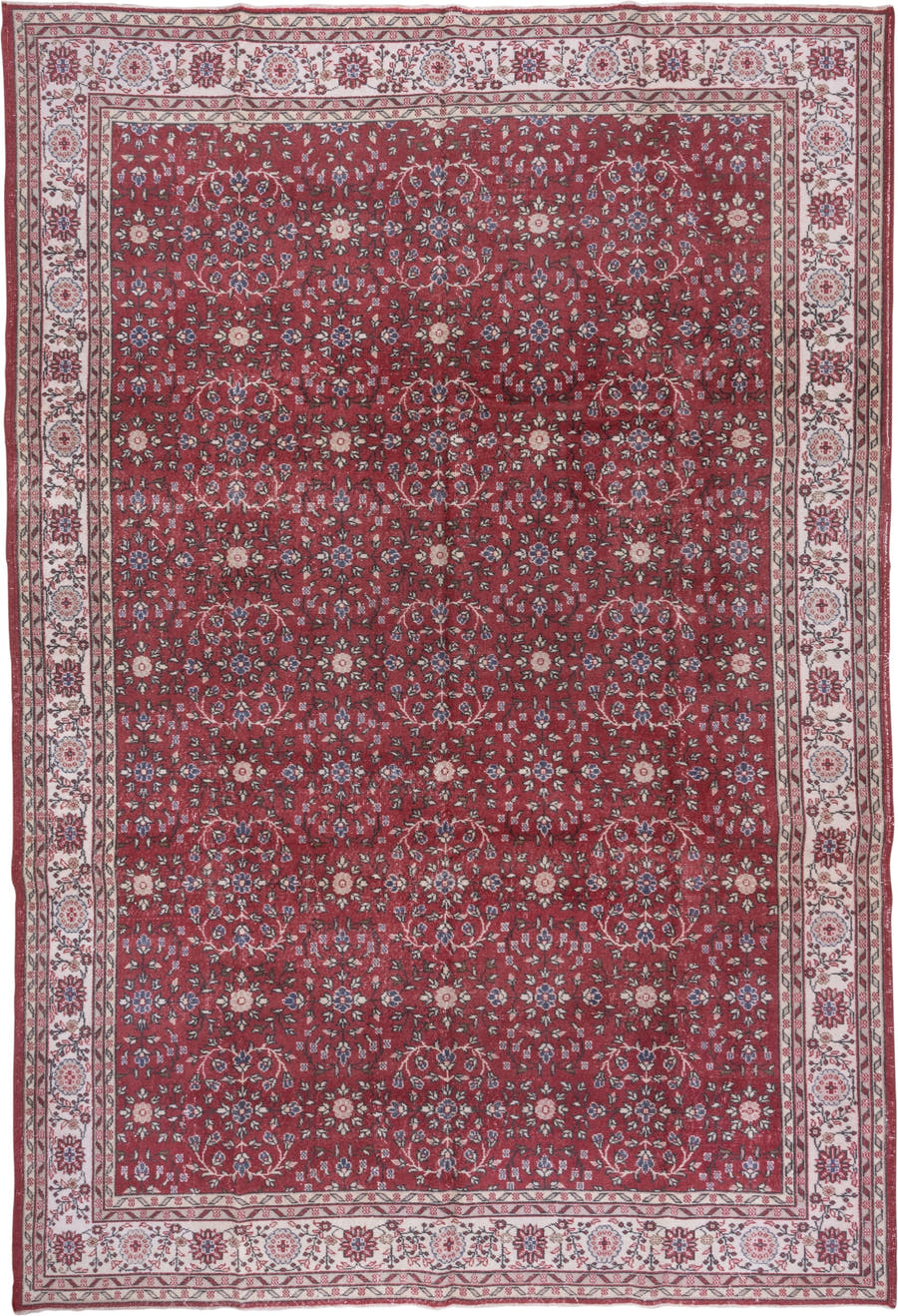 9' x 13' one-of-a-kind handmade antique Sparta large size rug. Color palette: red, ivory, rose, navy, slate, burgundy, pink