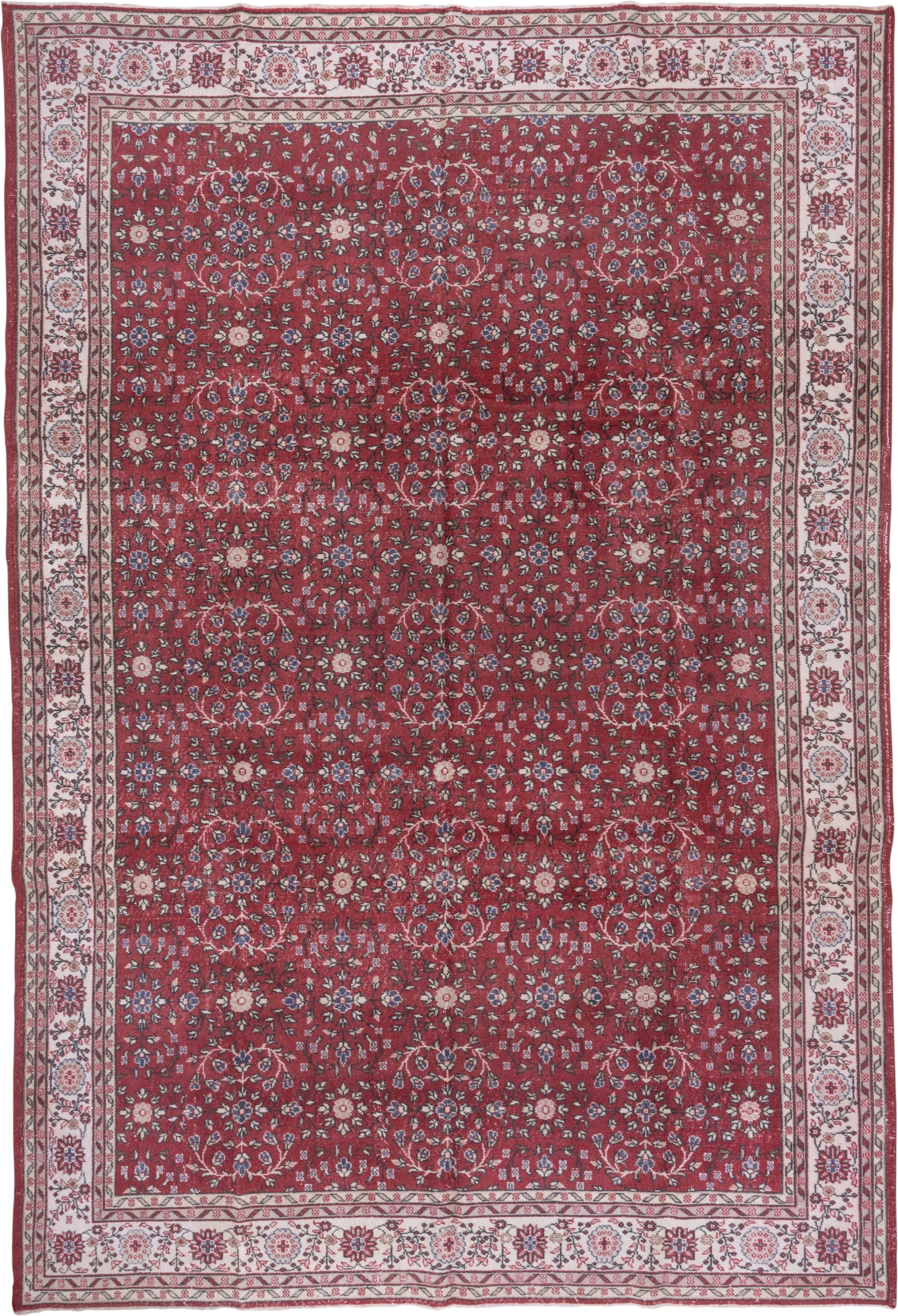 9' x 13' one-of-a-kind handmade antique Sparta large size rug. Color palette: red, ivory, rose, navy, slate, burgundy, pink