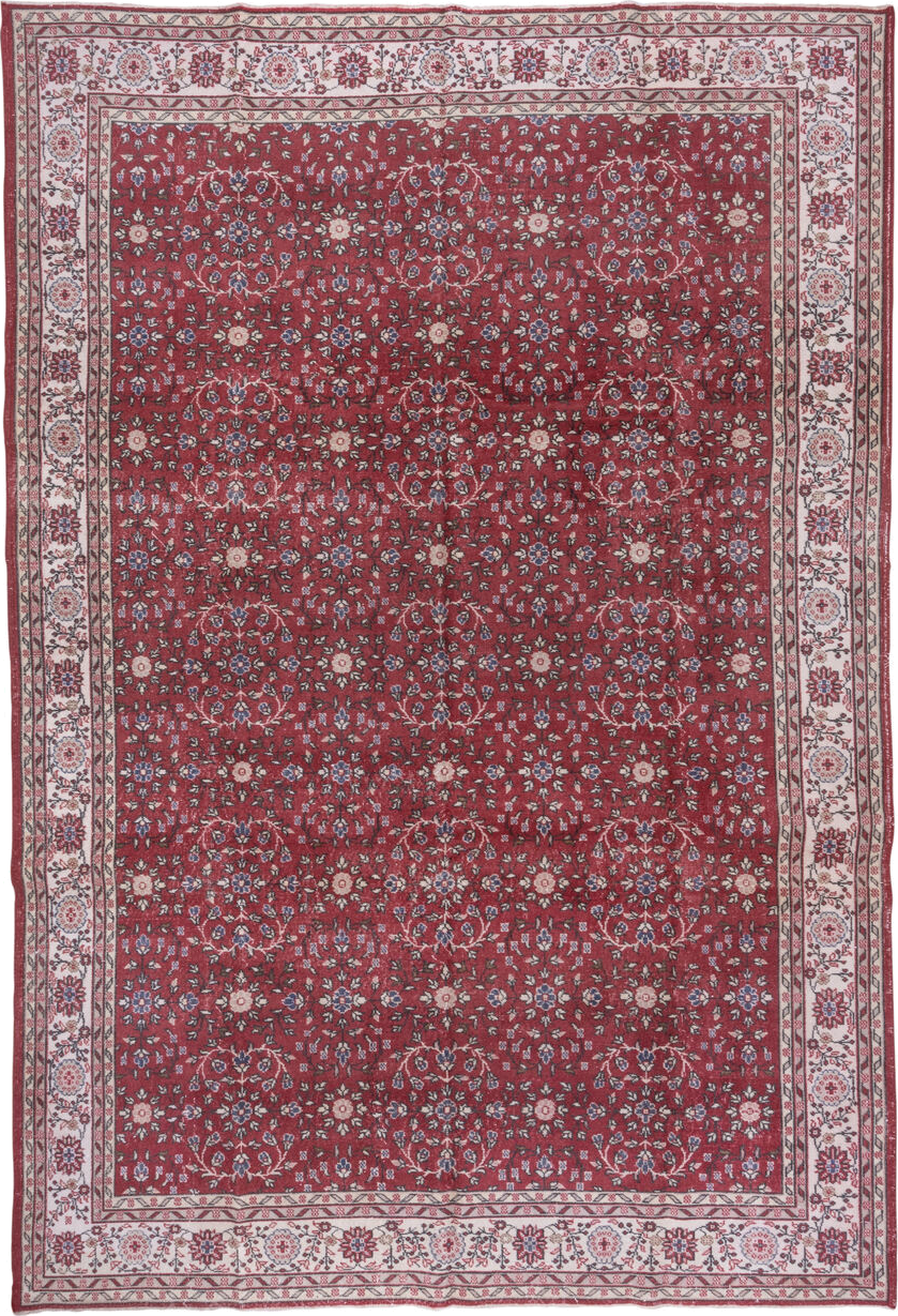 9' x 13' one-of-a-kind handmade antique Sparta large size rug. Color palette: red, ivory, rose, navy, slate, burgundy, pink