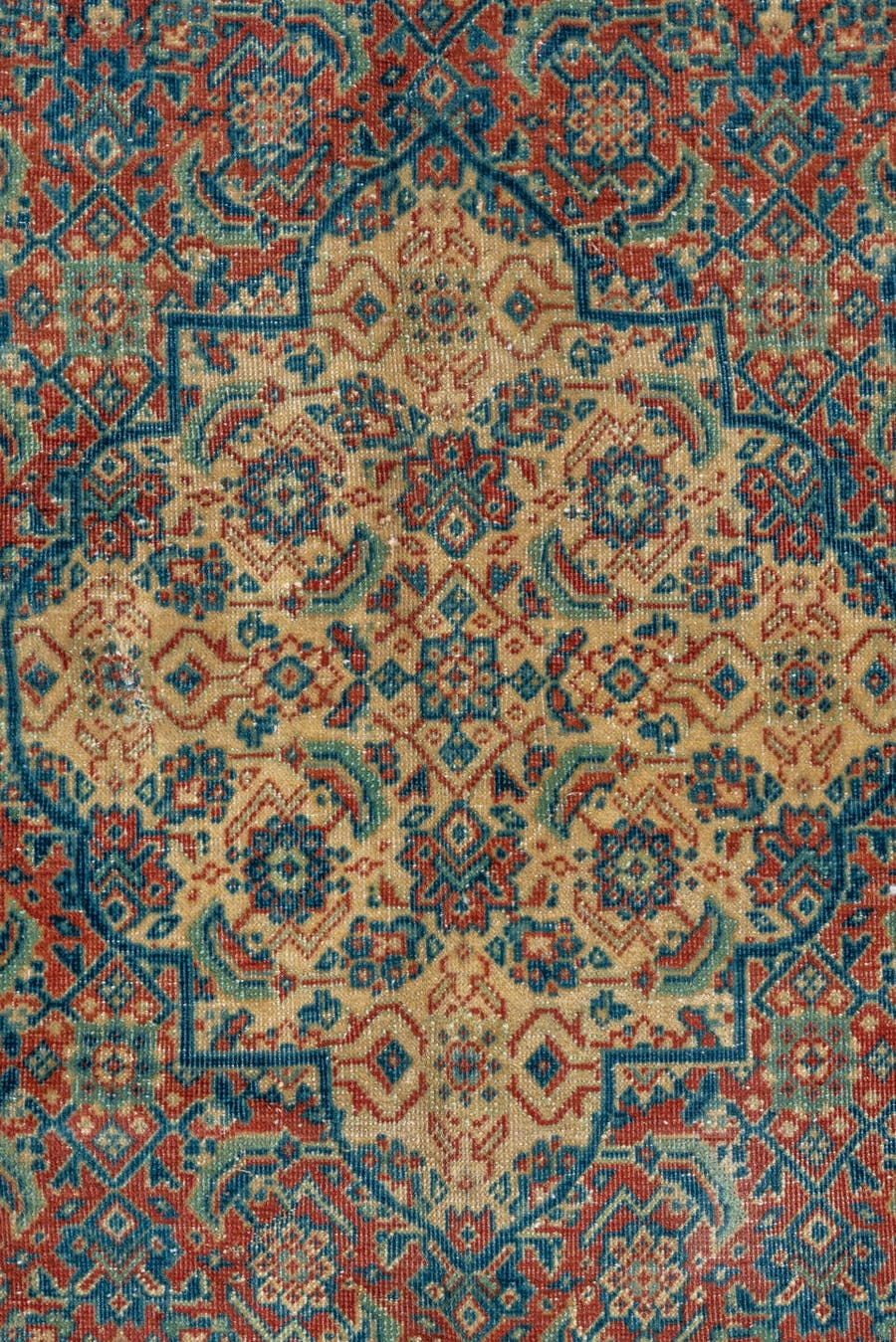 8' x 13' one-of-a-kind handmade antique Tabriz large size rug. Color palette: blue, ivory, rust, teal, camel, navy, coral