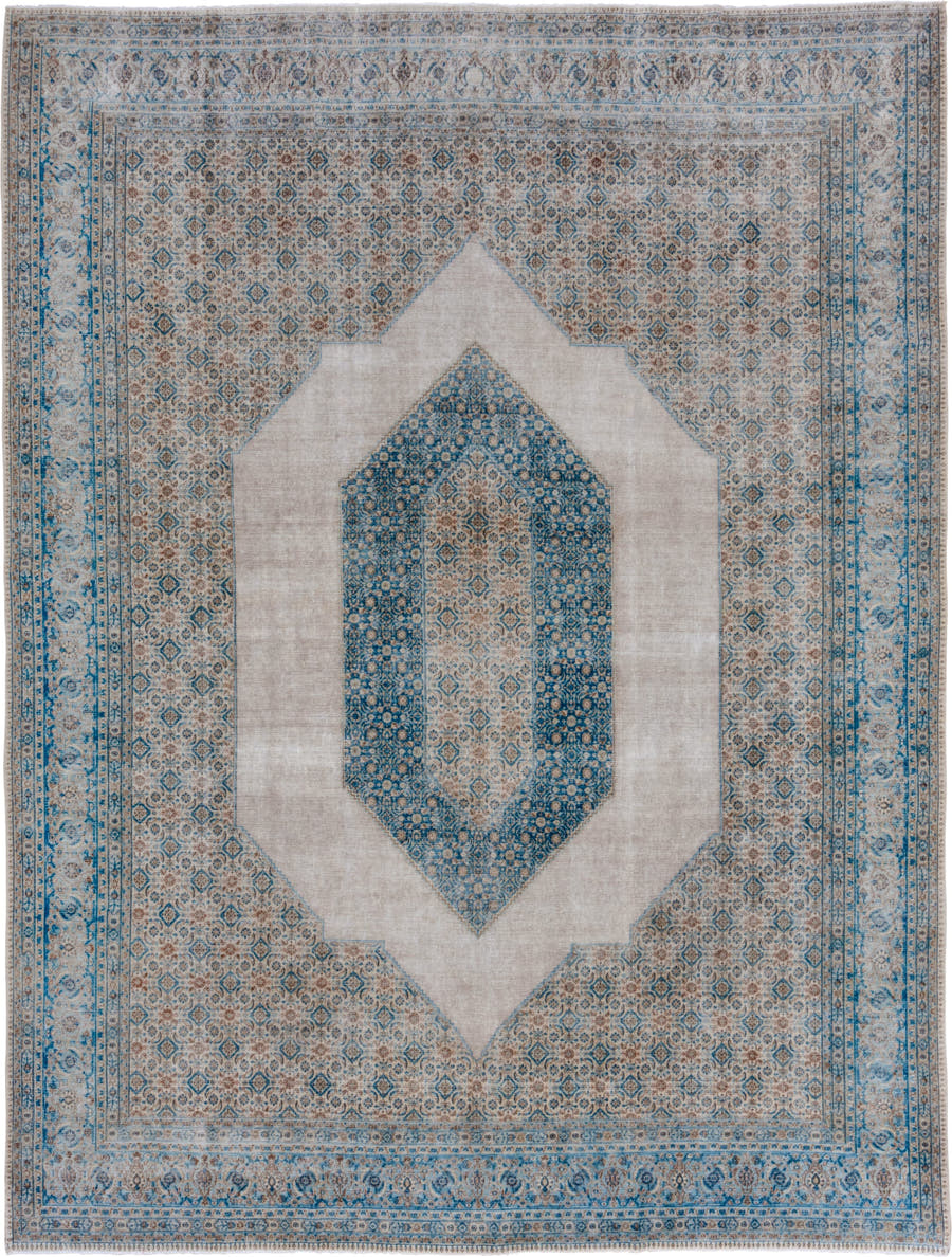 9' x 12' one-of-a-kind handmade antique Tabriz large size rug. Color palette: ivory, sky blue, taupe, beige, slate, camel