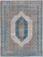 9' x 12' one-of-a-kind handmade antique Tabriz large size rug. Color palette: ivory, sky blue, taupe, beige, slate, camel