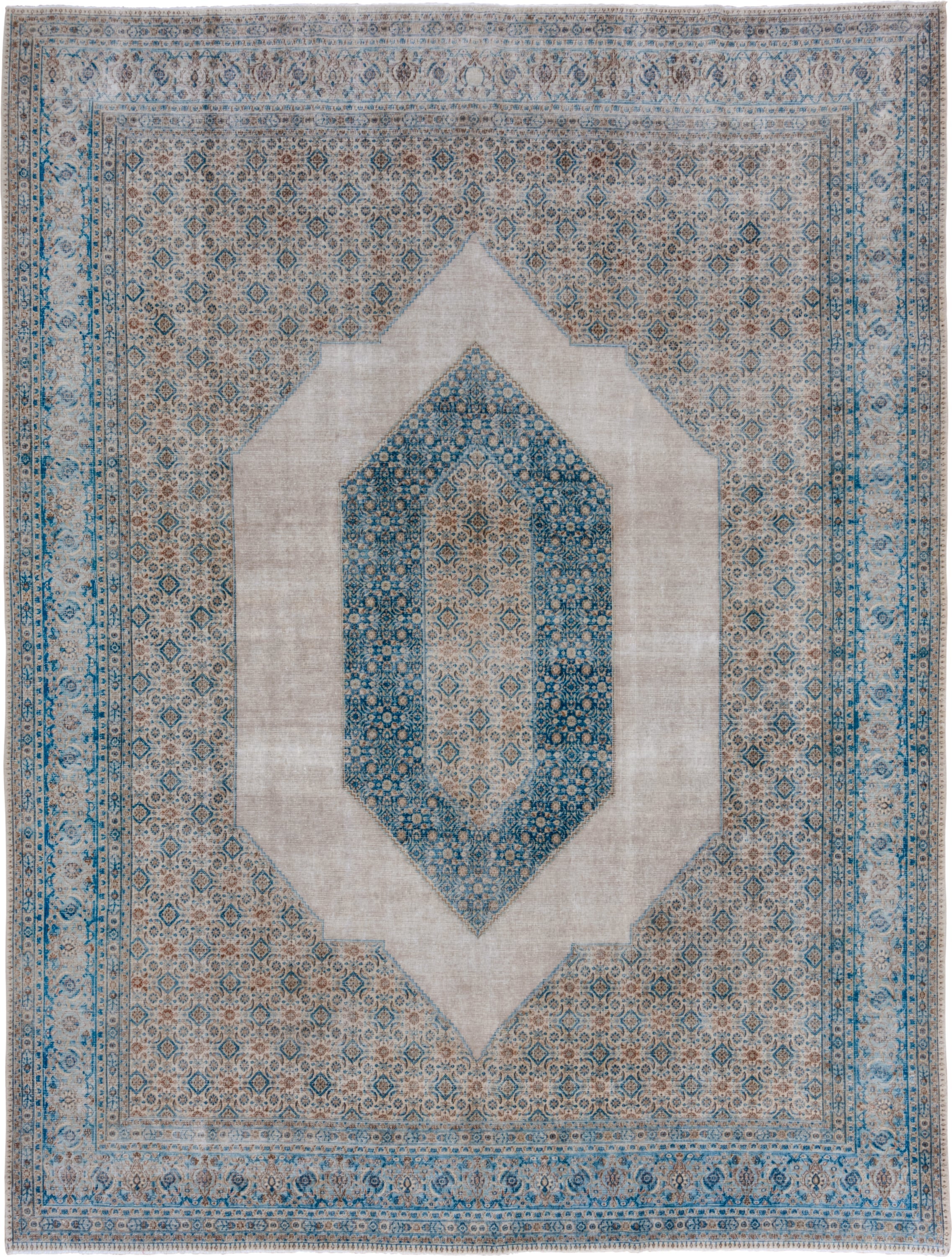 9' x 12' one-of-a-kind handmade antique Tabriz large size rug. Color palette: ivory, sky blue, taupe, beige, slate, camel