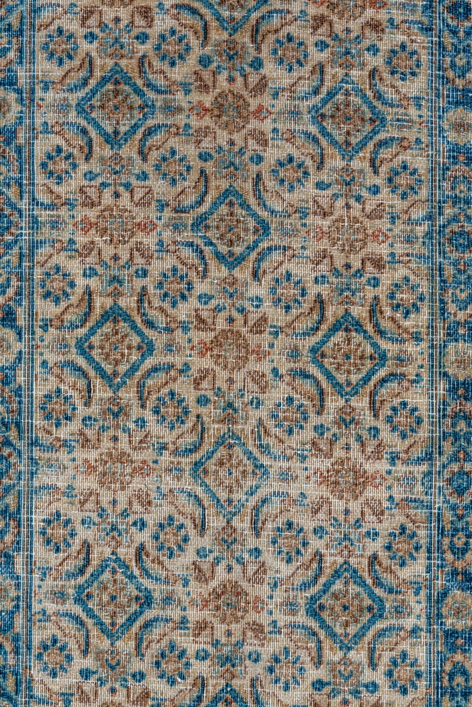 9' x 12' one-of-a-kind handmade antique Tabriz large size rug. Color palette: ivory, sky blue, taupe, beige, slate, camel