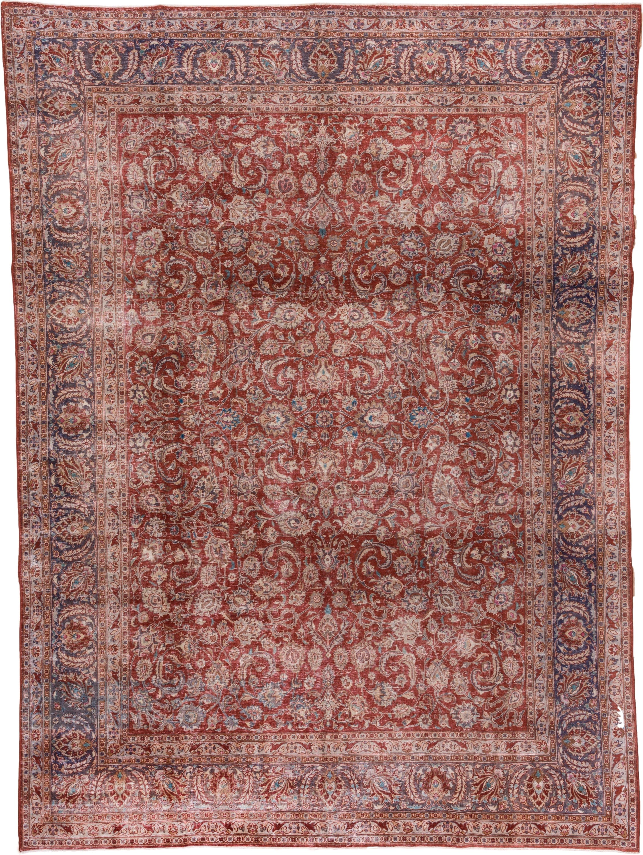 9' x 12' one-of-a-kind handmade antique Kashan large size rug. Color palette: rust, navy, ivory, rose, terracotta, slate