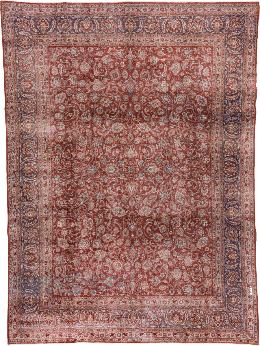 9' x 12' one-of-a-kind handmade antique Kashan large size rug. Color palette: rust, navy, ivory, rose, terracotta, slate