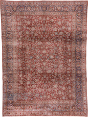 9' x 12' one-of-a-kind handmade antique Kashan large size rug. Color palette: rust, navy, ivory, rose, terracotta, slate