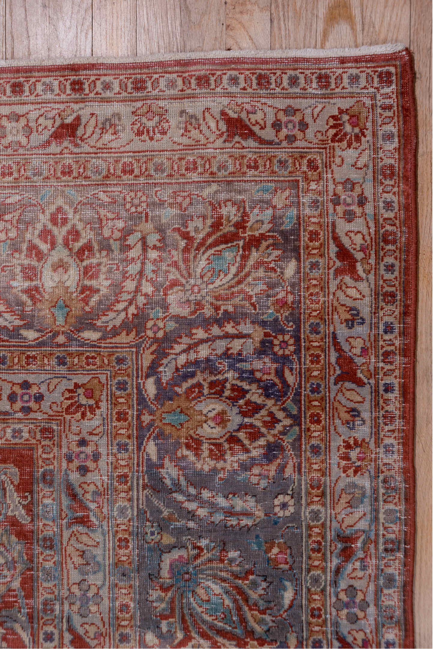 9' x 12' one-of-a-kind handmade vintage Kashan large size rug. Color palette: brown, gray, light gray, light slate gray