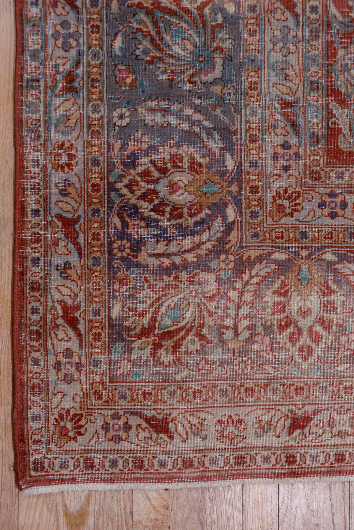 9' x 12' one-of-a-kind handmade antique Kashan large size rug. Color palette: rust, navy, ivory, rose, terracotta, slate