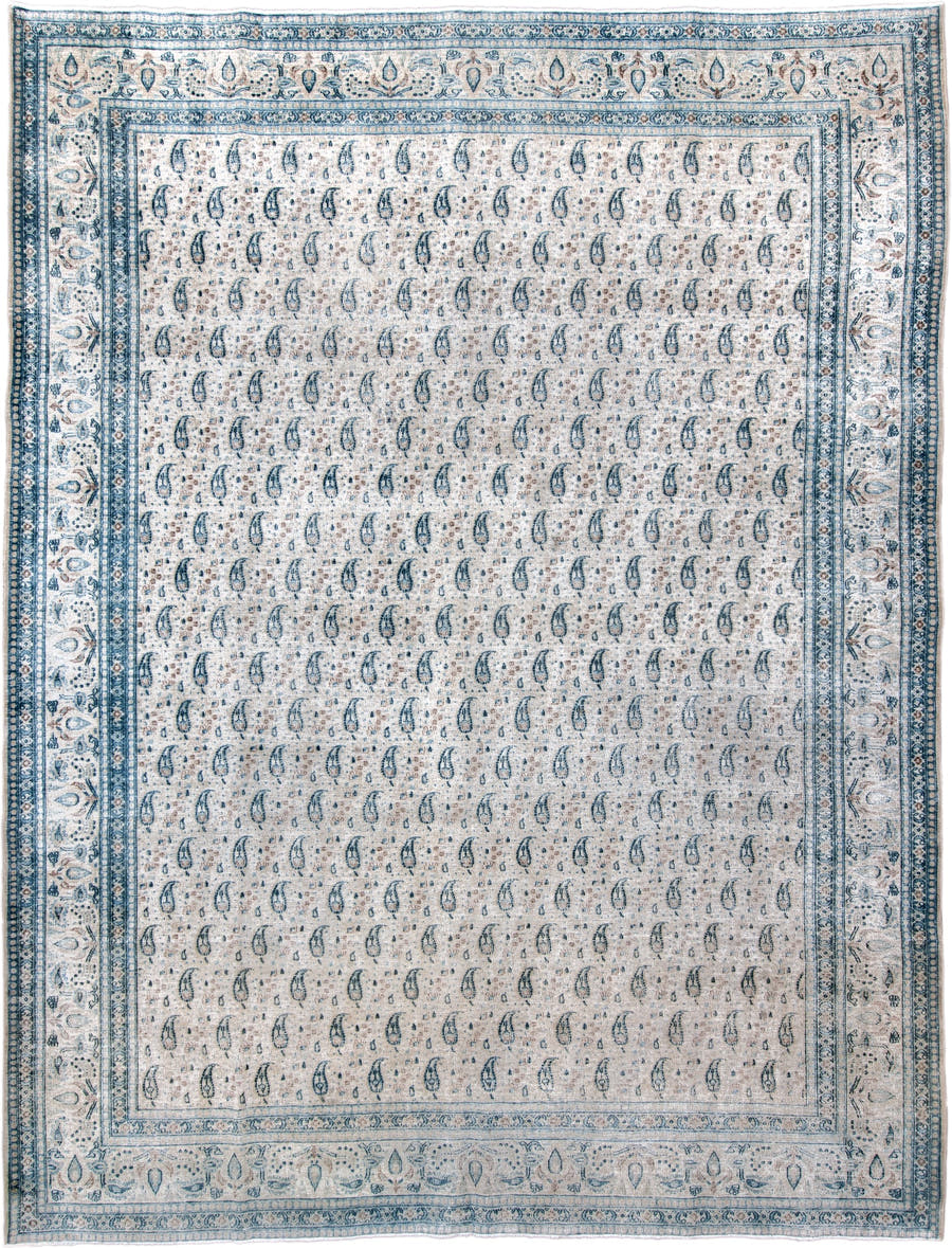 10' x 13' one-of-a-kind handmade vintage Khorassan large size rug. Color palette: ivory, sky blue, slate blue, taupe, cream